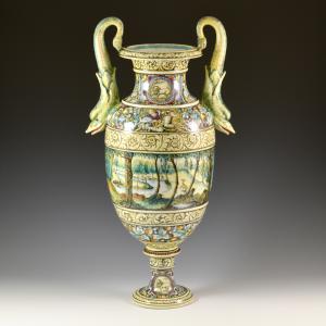Amphore à deux anses avec paysage boisé, éléments mythologiques et décor naturaliste - Manufacture Ceramiche d'Arte dell'Isola Bella, vers 1923-1931